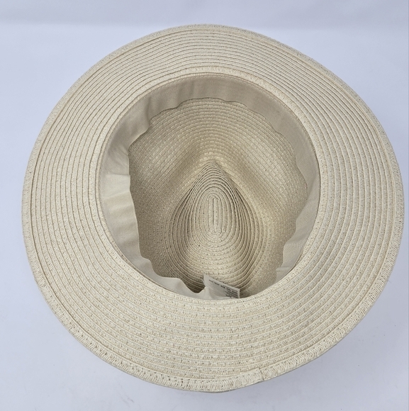 H&M NATURAL PAPER STRAW CREAM FEDORA DUSTY ROSE PINK RIBBON BAND WOMEN LARGE 58 - Picture 8 of 12